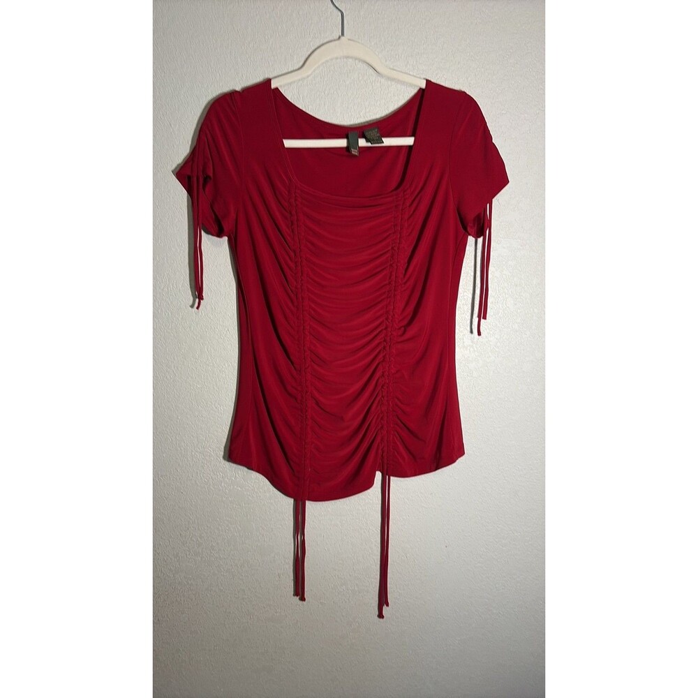 Vintage Serenade New York Red Ruched Short Sleeve Top Large